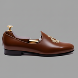 Brown Leather Tana Peshawari Hand Work Embroidered Zardozi Jutti Loafers | Wedding Shoes for Groom | Shoes for Haldi Mehendi Sangeet