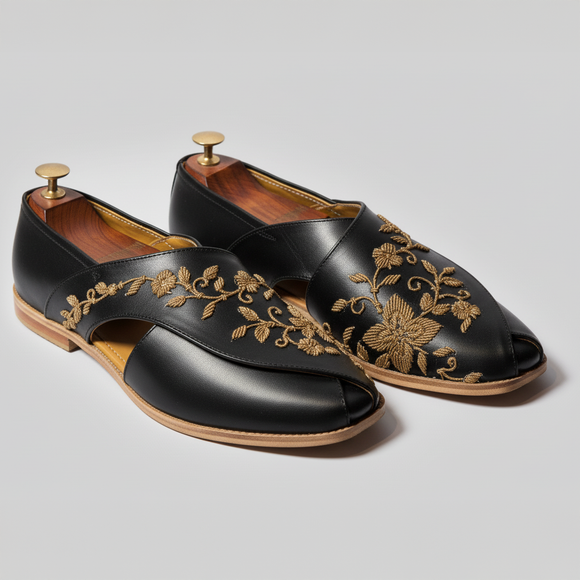 Black Leather Tana Peshawari Hand Work Embroidered Zardozi Loafers | Wedding Shoes for Groom | Shoes for Haldi Mehendi Sangeet