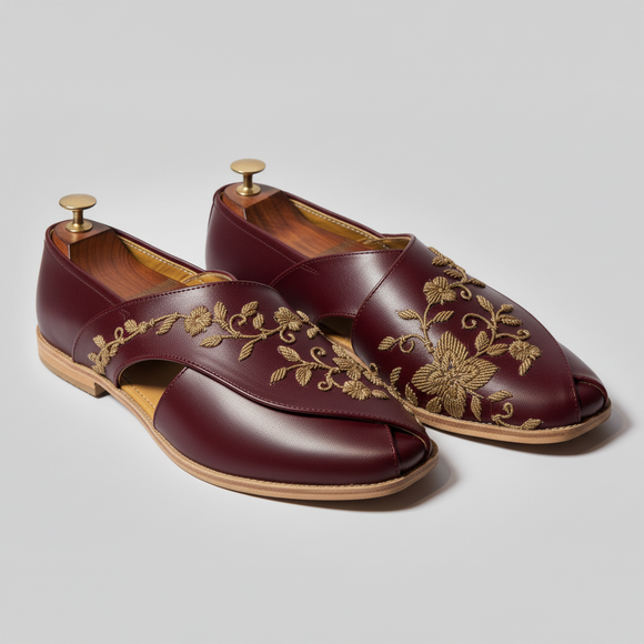 Burgundy Leather Tana Peshawari Hand Work Embroidered Zardozi Loafers | Wedding Shoes for Groom | Shoes for Haldi Mehendi Sangeet