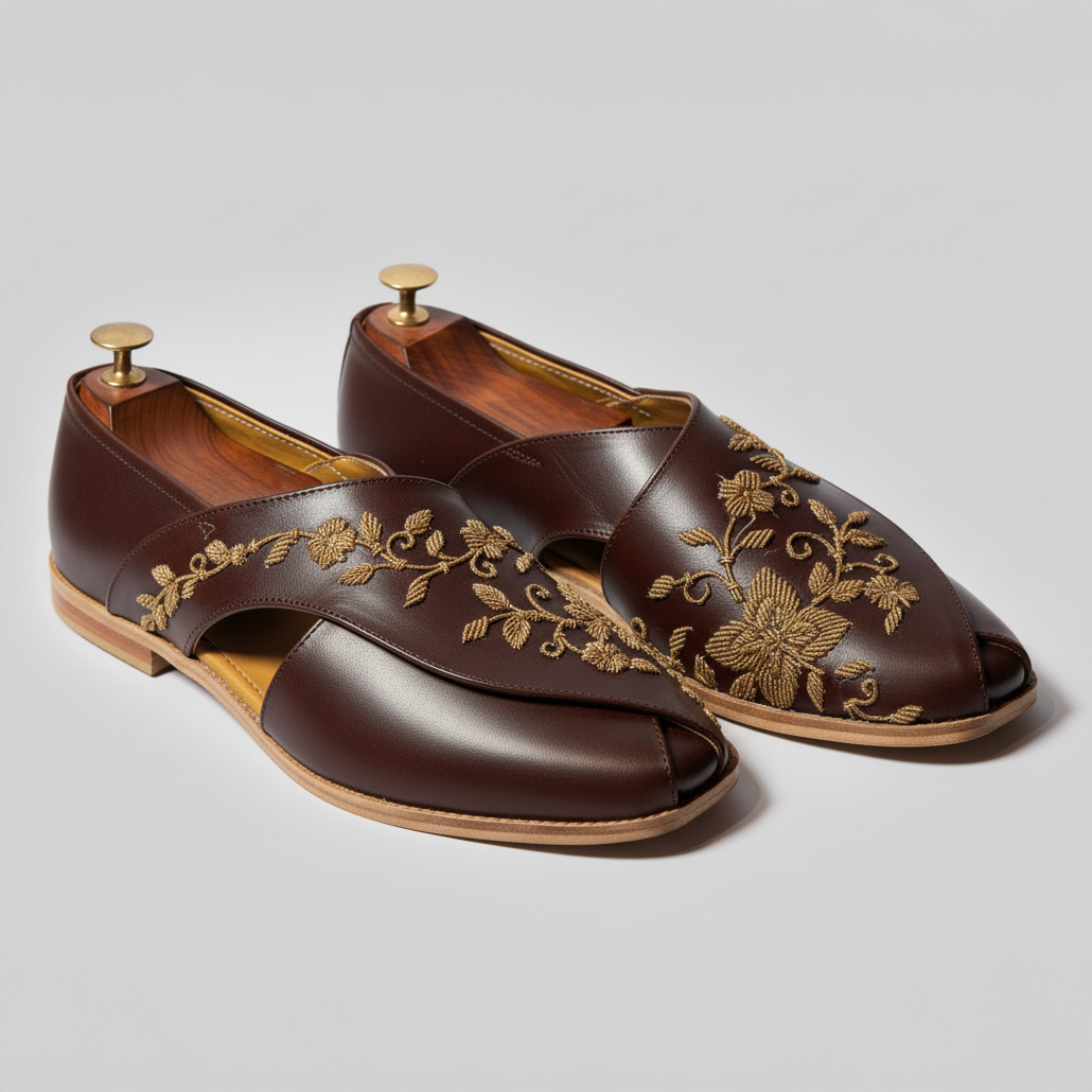 Brown Leather Tana Peshawari Hand Work Embroidered Zardozi Loafers | Wedding Shoes for Groom | Shoes for Haldi Mehendi Sangeet
