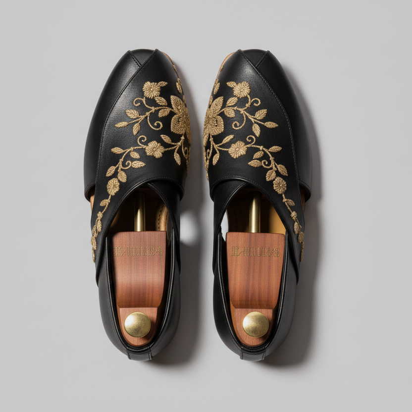 Black Leather Tana Peshawari Hand Work Embroidered Zardozi Loafers | Wedding Shoes for Groom | Shoes for Haldi Mehendi Sangeet