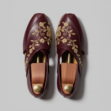 Burgundy Leather Tana Peshawari Hand Work Embroidered Zardozi Loafers | Wedding Shoes for Groom | Shoes for Haldi Mehendi Sangeet
