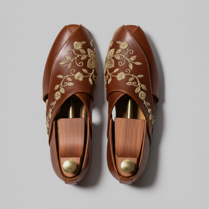 Brown Leather Tana Peshawari Hand Work Embroidered Zardozi Loafers | Wedding Shoes for Groom | Shoes for Haldi Mehendi Sangeet