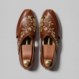Brown Leather Tana Peshawari Hand Work Embroidered Zardozi Loafers | Wedding Shoes for Groom | Shoes for Haldi Mehendi Sangeet