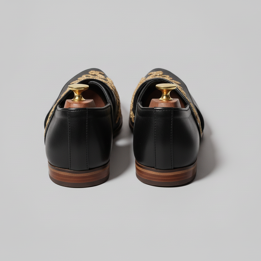 Black Leather Tana Peshawari Hand Work Embroidered Zardozi Loafers | Wedding Shoes for Groom | Shoes for Haldi Mehendi Sangeet