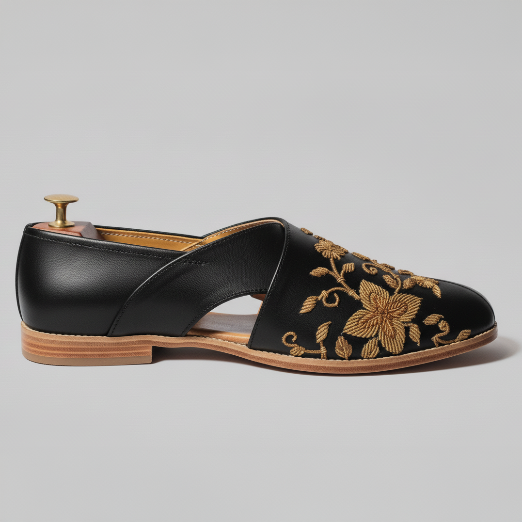 Black Leather Tana Peshawari Hand Work Embroidered Zardozi Loafers | Wedding Shoes for Groom | Shoes for Haldi Mehendi Sangeet