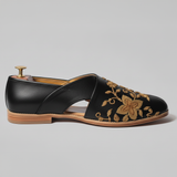Black Leather Tana Peshawari Hand Work Embroidered Zardozi Loafers | Wedding Shoes for Groom | Shoes for Haldi Mehendi Sangeet