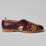Burgundy Leather Tana Peshawari Hand Work Embroidered Zardozi Loafers | Wedding Shoes for Groom | Shoes for Haldi Mehendi Sangeet