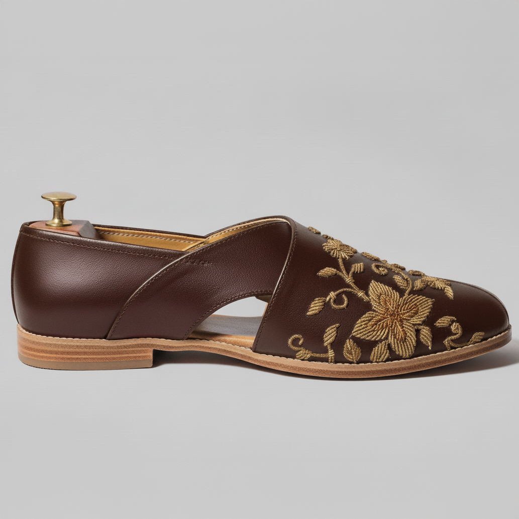 Brown Leather Tana Peshawari Hand Work Embroidered Zardozi Loafers | Wedding Shoes for Groom | Shoes for Haldi Mehendi Sangeet