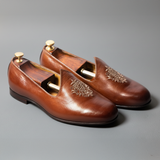 Tan Leather Tana Embroidered Peshawari Jutti Loafers | Wedding Shoes for Groom | Shoes for Haldi Mehendi Sangeet