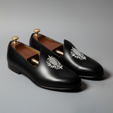 Black Leather Tana Embroidered Peshawari Jutti Loafers | Wedding Shoes for Groom | Shoes for Haldi Mehendi Sangeet
