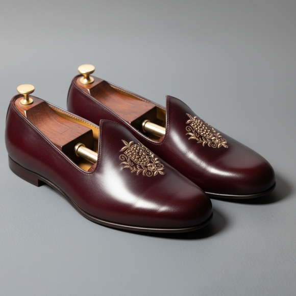 Burgundy Leather Tana Embroidered Peshawari Jutti Loafers | Wedding Shoes for Groom | Shoes for Haldi Mehendi Sangeet
