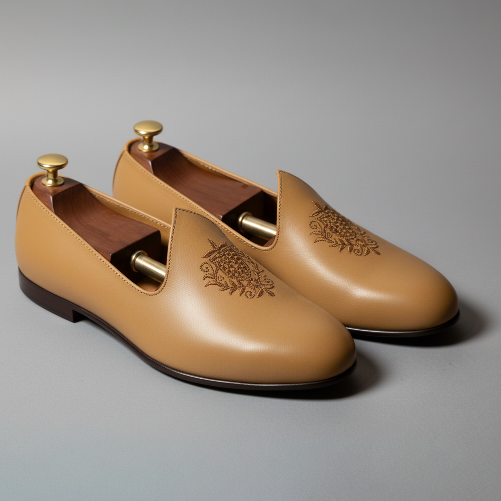 Light Tan Leather Tana Embroidered Peshawari Jutti Loafers | Wedding Shoes for Groom | Shoes for Haldi Mehendi Sangeet