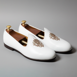 White Leather Tana Embroidered Peshawari Jutti Loafers | Wedding Shoes for Groom | Shoes for Haldi Mehendi Sangeet