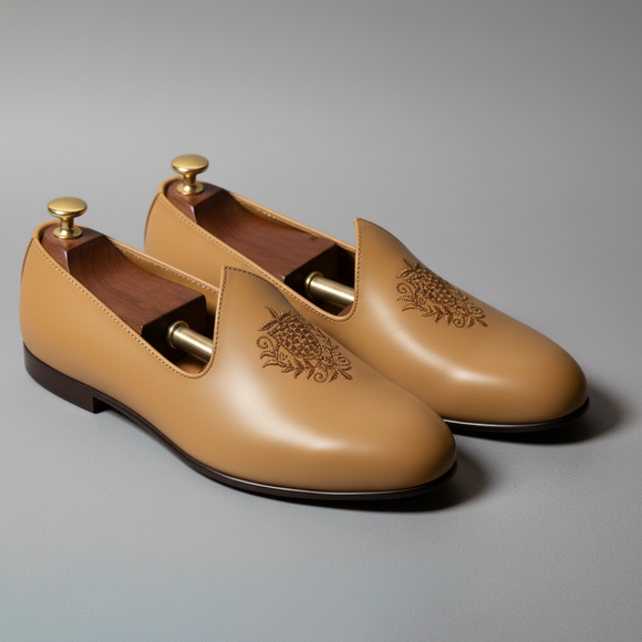 Light Tan Leather Tana Embroidered Peshawari Jutti Loafers | Wedding Shoes for Groom | Shoes for Haldi Mehendi Sangeet