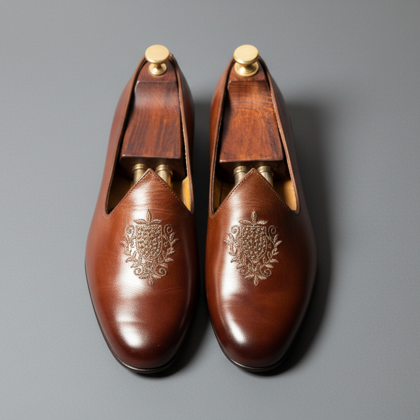 Tan Leather Tana Embroidered Peshawari Jutti Loafers | Wedding Shoes for Groom | Shoes for Haldi Mehendi Sangeet