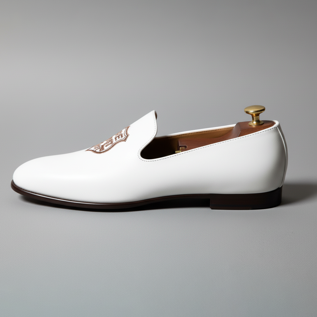 White Leather Tana Embroidered Peshawari Jutti Loafers | Wedding Shoes for Groom | Shoes for Haldi Mehendi Sangeet