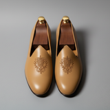 Light Tan Leather Tana Embroidered Peshawari Jutti Loafers | Wedding Shoes for Groom | Shoes for Haldi Mehendi Sangeet