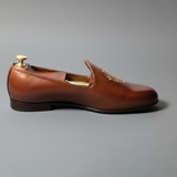 Tan Leather Tana Embroidered Peshawari Jutti Loafers | Wedding Shoes for Groom | Shoes for Haldi Mehendi Sangeet