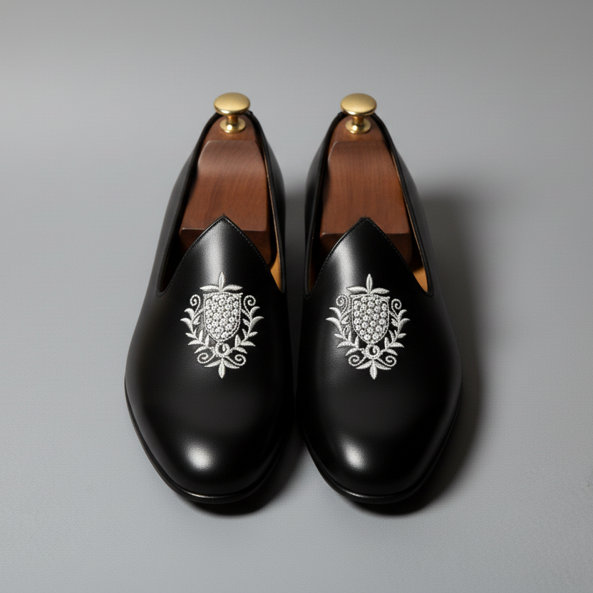 Black Leather Tana Embroidered Peshawari Jutti Loafers | Wedding Shoes for Groom | Shoes for Haldi Mehendi Sangeet