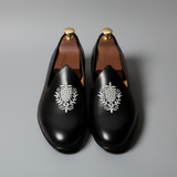 Black Leather Tana Embroidered Peshawari Jutti Loafers | Wedding Shoes for Groom | Shoes for Haldi Mehendi Sangeet