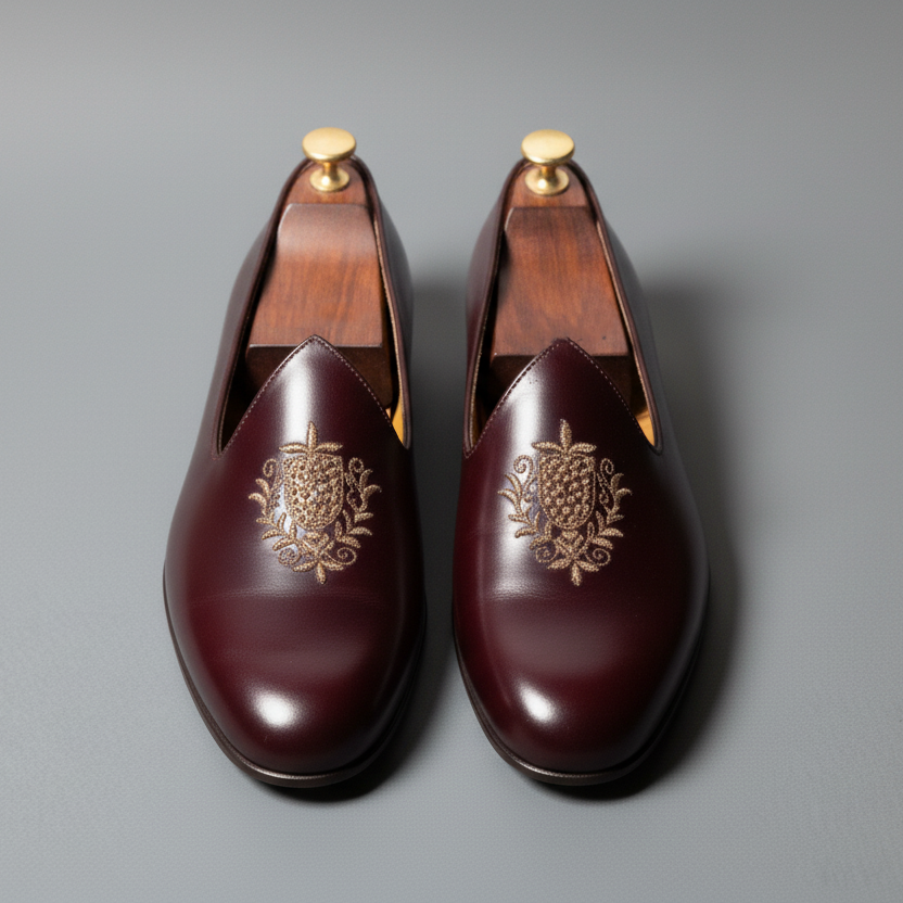 Burgundy Leather Tana Embroidered Peshawari Jutti Loafers | Wedding Shoes for Groom | Shoes for Haldi Mehendi Sangeet