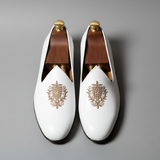 White Leather Tana Embroidered Peshawari Jutti Loafers | Wedding Shoes for Groom | Shoes for Haldi Mehendi Sangeet