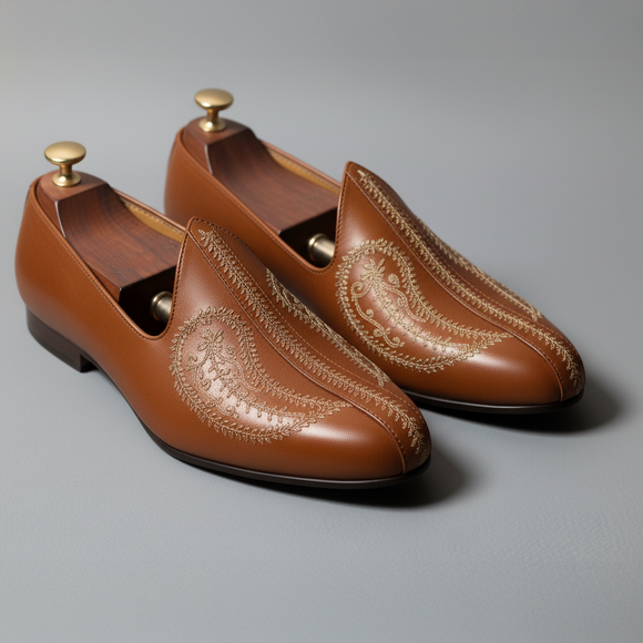 Tan Leather Tana Embroidered Peshawari Jutti Loafers | Wedding Shoes for Groom | Shoes for Haldi Mehendi Sangeet