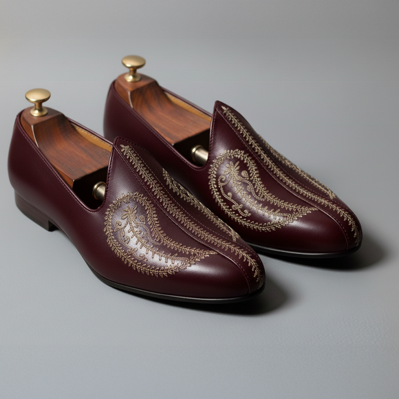 Burgundy Leather Tana Embroidered Peshawari Jutti Loafers | Wedding Shoes for Groom | Shoes for Haldi Mehendi Sangeet