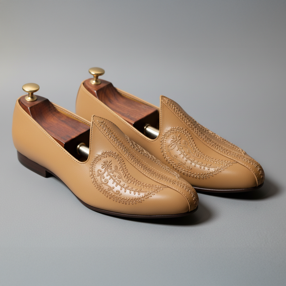 Light Tan Leather Tana Embroidered Peshawari Jutti Loafers | Wedding Shoes for Groom | Shoes for Haldi Mehendi Sangeet