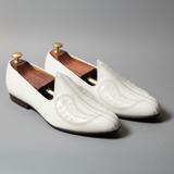 White Leather Tana Embroidered Peshawari Jutti Loafers | Wedding Shoes for Groom | Shoes for Haldi Mehendi Sangeet