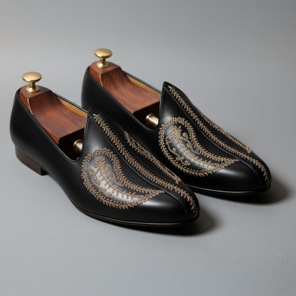 Black Leather Tana Embroidered Peshawari Jutti Loafers | Wedding Shoes for Groom | Shoes for Haldi Mehendi Sangeet