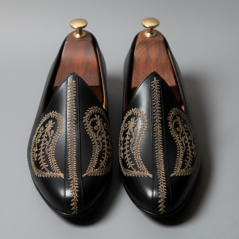 Black Leather Tana Embroidered Peshawari Jutti Loafers | Wedding Shoes for Groom | Shoes for Haldi Mehendi Sangeet