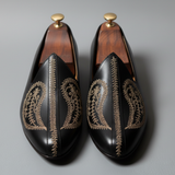 Black Leather Tana Embroidered Peshawari Jutti Loafers | Wedding Shoes for Groom | Shoes for Haldi Mehendi Sangeet