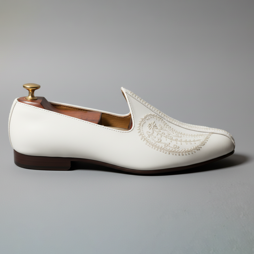 White Leather Tana Embroidered Peshawari Jutti Loafers | Wedding Shoes for Groom | Shoes for Haldi Mehendi Sangeet