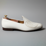 White Leather Tana Embroidered Peshawari Jutti Loafers | Wedding Shoes for Groom | Shoes for Haldi Mehendi Sangeet
