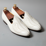 White Leather Tana Embroidered Peshawari Jutti Loafers | Wedding Shoes for Groom | Shoes for Haldi Mehendi Sangeet