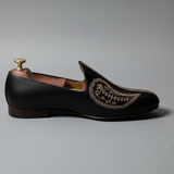 Black Leather Tana Embroidered Peshawari Jutti Loafers | Wedding Shoes for Groom | Shoes for Haldi Mehendi Sangeet