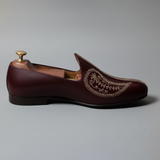 Burgundy Leather Tana Embroidered Peshawari Jutti Loafers | Wedding Shoes for Groom | Shoes for Haldi Mehendi Sangeet