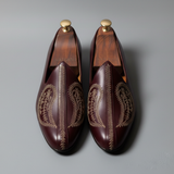 Burgundy Leather Tana Embroidered Peshawari Jutti Loafers | Wedding Shoes for Groom | Shoes for Haldi Mehendi Sangeet