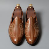 Tan Leather Tana Embroidered Peshawari Jutti Loafers | Wedding Shoes for Groom | Shoes for Haldi Mehendi Sangeet