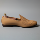 Light Tan Leather Tana Embroidered Peshawari Jutti Loafers | Wedding Shoes for Groom | Shoes for Haldi Mehendi Sangeet
