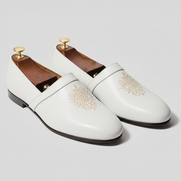 White Leather Tana Embroidered Peshawari Loafers | Wedding Shoes for Groom | Shoes for Haldi Mehendi Sangeet