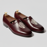 Burgundy Leather Tana Embroidered Peshawari Loafers | Wedding Shoes for Groom | Shoes for Haldi Mehendi Sangeet