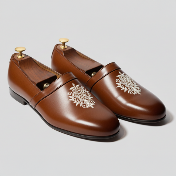 Brown Leather Tana Embroidered Peshawari Loafers | Wedding Shoes for Groom | Shoes for Haldi Mehendi Sangeet
