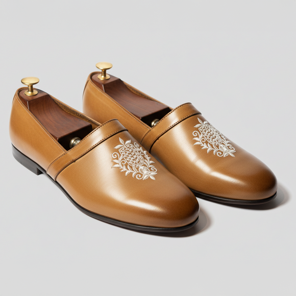 Tan Leather Tana Embroidered Peshawari Loafers | Wedding Shoes for Groom | Shoes for Haldi Mehendi Sangeet