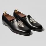 Black Leather Tana Embroidered Peshawari Loafers | Wedding Shoes for Groom | Shoes for Haldi Mehendi Sangeet