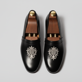 Black Leather Tana Embroidered Peshawari Loafers | Wedding Shoes for Groom | Shoes for Haldi Mehendi Sangeet