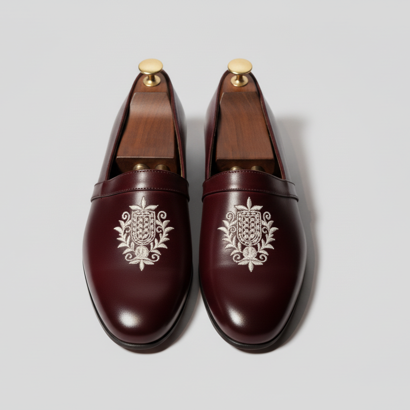Burgundy Leather Tana Embroidered Peshawari Loafers | Wedding Shoes for Groom | Shoes for Haldi Mehendi Sangeet