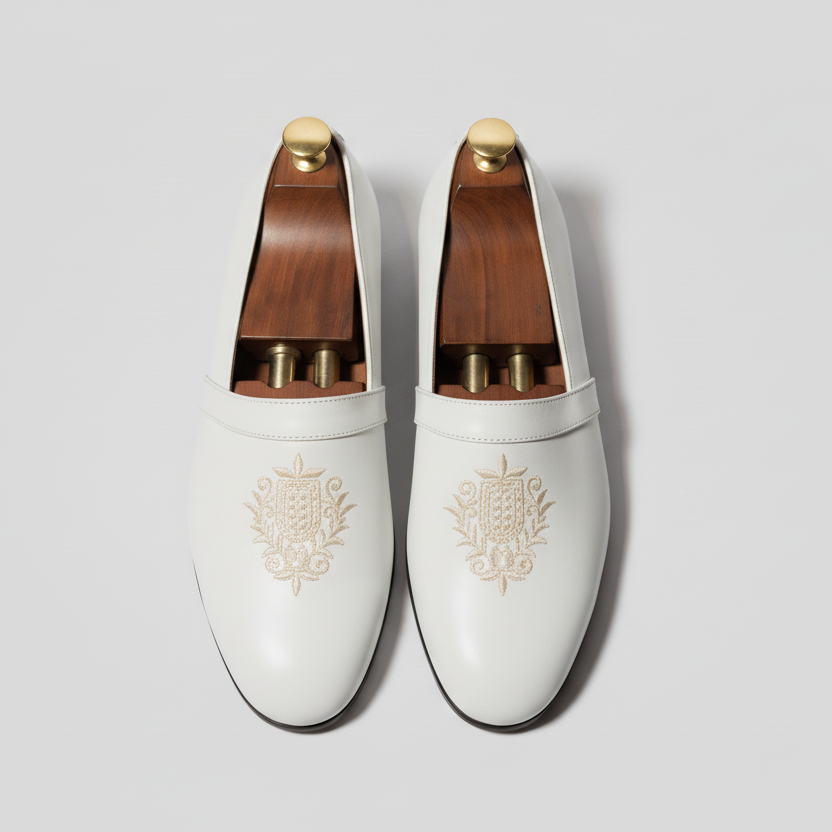 White Leather Tana Embroidered Peshawari Loafers | Wedding Shoes for Groom | Shoes for Haldi Mehendi Sangeet